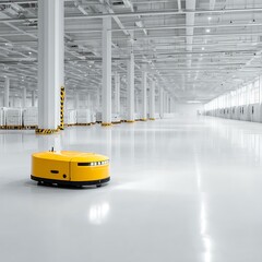 Warehouse automation robot navigating white floor with white background