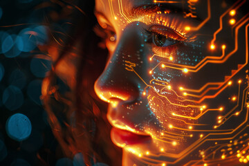 Glowing circuit board projection overlay half face beautiful woman on dark background with free space, copy space.
