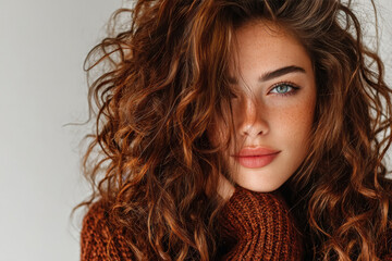 young beautiful woman waving brown hair