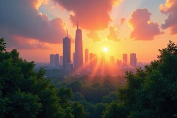 Sunrise illuminates skyscrapers piercing a verdant forest park , sunrise, park