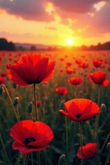 Sunset hues paint vibrant red poppy in summer field, evening, flower, grass
