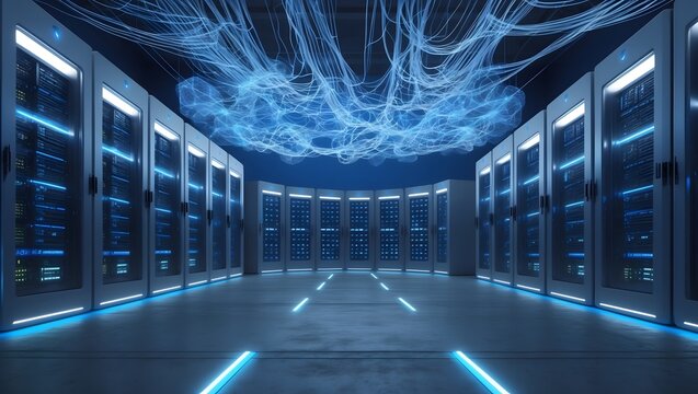 Digital Fortress: A futuristic data center, bathed in cool blue light, houses rows of servers, symbolizing the backbone of modern digital infrastructure and secure storage. - Powered by Adobe