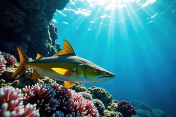 Tight barracuda formation, vibrant coral backdrop, school, formation, barracuda