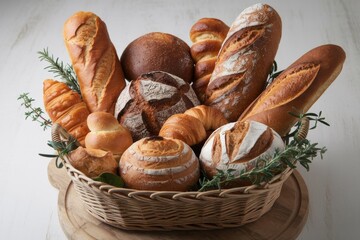 A wicker basket filled with a variety of freshly baked goods, including bread and pastries, placed on a white background, evoking warmth and comfort.