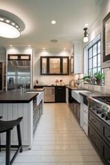 A wide-angle view of a modern, chic kitchen featuring sleek countertops, minimalistic cabinetry, and contemporary appliances, all designed to create a stylish and functional cooking space.
