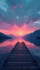 Tranquil dusk, minimalist dock on still water, minimalist design, water reflection, nature scene