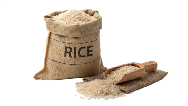 A burlap sack of rice with a wooden scoop isolated on transparent background, showcasing its texture