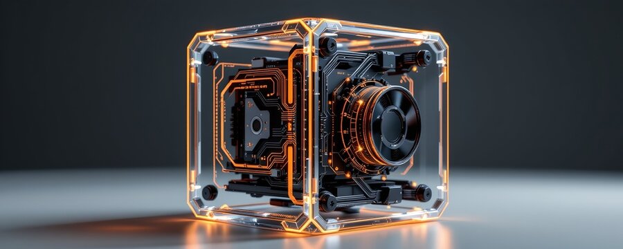 Rotating transparent tech cube modern studio 3d render futuristic design close-up innovative technology