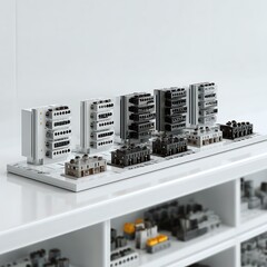 Modular factory control blocks on white desk with white background