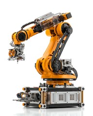 Modern robotic system welding automotive parts in controlled space with white background