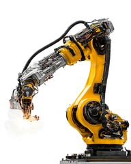 Modern robotic system welding automotive parts in controlled space with white background