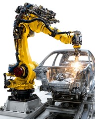Modern robotic system welding automotive parts in controlled space with white background