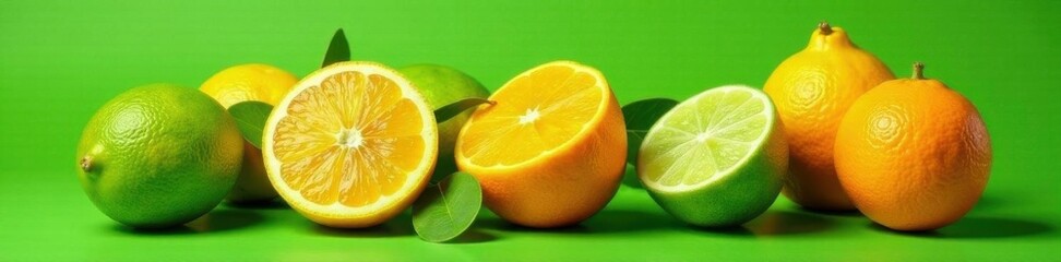 Vibrant citrus fruits, lime, lemon, orange, grapefruit on green background, wellness, lime