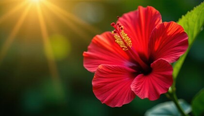 Vibrant red hibiscus, sunlight illuminates petals, detail, botany