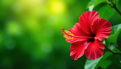 Vibrant red hibiscus blooming, lush green foliage backdrop, closeup, wildlife, outdoor