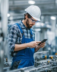 Machine operator scanning QR code on parts with white background