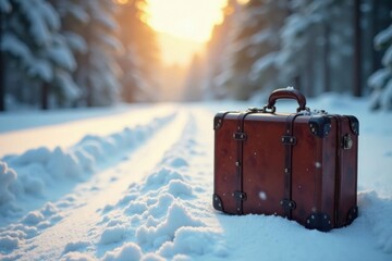 Vintage suitcase rests on snowy, serene road, frozen landscape Adventure awaits , exploration, adventure