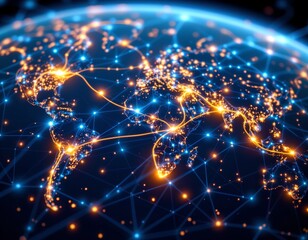 Blockchain nodes visualized over globe technology infographic digital aerial view global connectivity