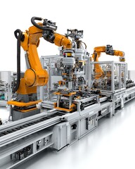 Fully automated production line with assembly arms with white background