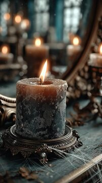 Flickering Vintage Candle in Dark Dusty Room with Cobwebs and Old Mirror &mdash; Spooky Halloween Background