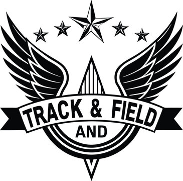 Dynamic black and white emblem featuring winged design with stars and the text track and field isolated on transparent background
