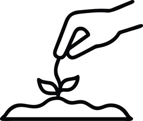 Line art of hand planting sprout in ground for environmental designs