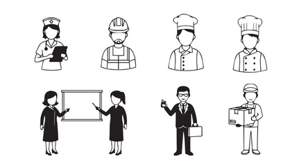 Group of workers avatars in line art style on white background