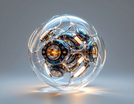 Glowing transparent tech orb with advanced mechanics futuristic studio 3d render high-tech environment close-up view