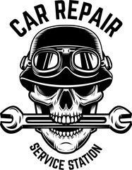 Illustration of skull in racer helmet. Design element for poster, card, banner, emblem, sign. Vector illustration