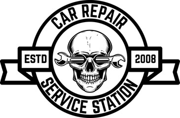 Car repair. Human skull with wrench in mouth. Design elements for poster, emblem, sign, t shirt. Vector illustration