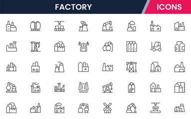 Factory vector web line icon collection, sleek illustrations of machinery, EV production, automation, and industrial tools for manufacturing designs.