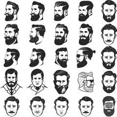 Set of the bearded man's head isolated on white background. Design elements for barber shop emblem, badge, sign, brand mark. Vector illustration.