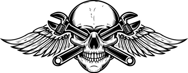 Winged human skull with wrench in mouth. Design elements for poster, emblem, sign, t shirt. Vector illustration