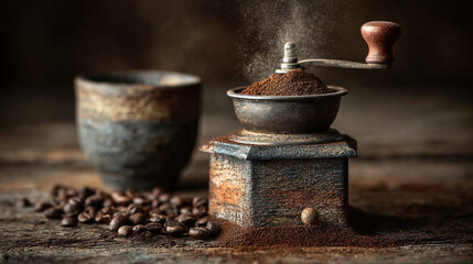 Coffee grinding process in a rustic setting with fresh beans and a ceramic cup