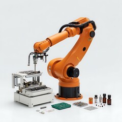 Vision-guided robot arm sorting components with white background
