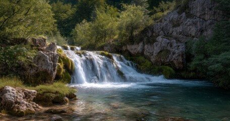 Flowing waterfall serenity nature scene hdr 360 degrees hdri view