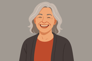 Portrait of a happy mature woman laughing. Cheerful elderly lady with grey hair and a joyful smile. Concept for positive aging, contentment, mental wellbeing and a happy retirement.