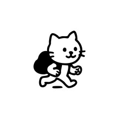 Simple black and white illustration of a cat carrying a bag, in a stylized cartoon running pose