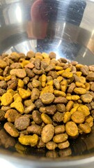 Dry Pet Food Bowl with Dog Kibble, Cat Food, and Puppy Treats.
