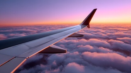 Fototapeta premium Airplane wing against a stunning sunset sky over clouds.