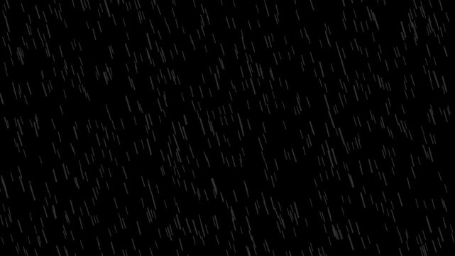 Gentle rain falling seamless animation on overlay dark background, water droplets looping endlessly in heavy downpour for cinematic mood, weather visuals, or stormy atmosphere