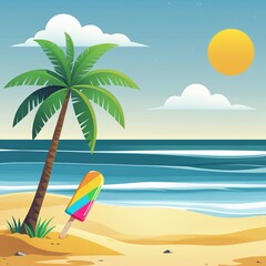 Fototapeta premium beach, sea, summer, palm, island, tree, tropical, sun, water, sand, ocean, vector, sky, landscape, travel, illustration, nature, paradise, holiday, vacation, cartoon, wave, coconut, relax, sunny