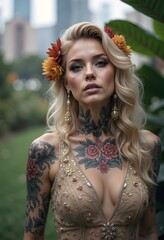 Vibrant and Edgy Female Portraits Showcasing Intricate Floral Tattoos, Bold Makeup, and Distinctive Hairstyles with a Touch of Gothic and Bohemian Aesthetics.