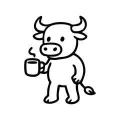Cute cartoon bull with coffee cup