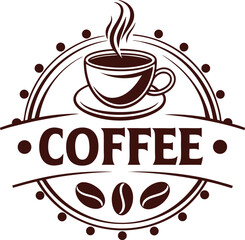 Stylish coffee logo emblem featuring a steaming cup of coffee and coffee beans with the word coffee in the center isolated on transparent background