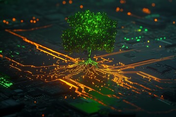 A green tree growing on top of an integrated circuit board, its leaves glowing and its roots extending into data streams.