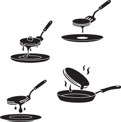 Pancake preparation process with syrup and spatula in a pan