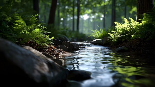 Serene forest stream flowing through lush greenery - Powered by Adobe