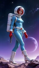 Red-Haired Astronaut in Retro Blue Suit Explores Alien Landscape with Pistol