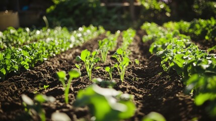 Young plants in rows of rich soil